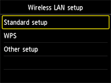 Wireless LAN setup screen: Select Standard setup